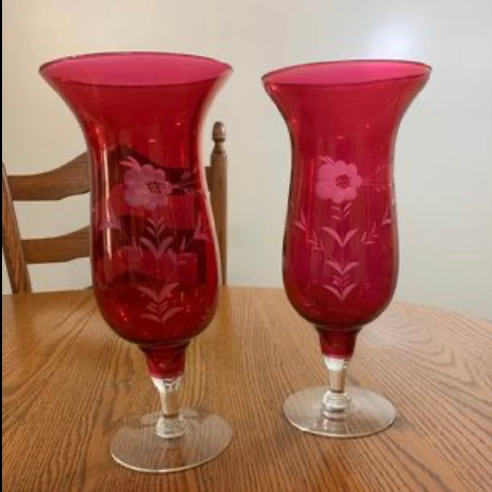Vintage Etched Cranberry Red Glass Vase Set Of 2 Vases Hurricane Shape 10.5”
